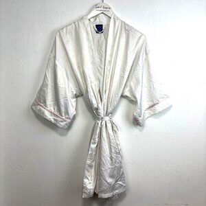 Bridal Satin Gown Mini Robe White & Pink Trim Tie Front "Mrs" On Back Wedding M